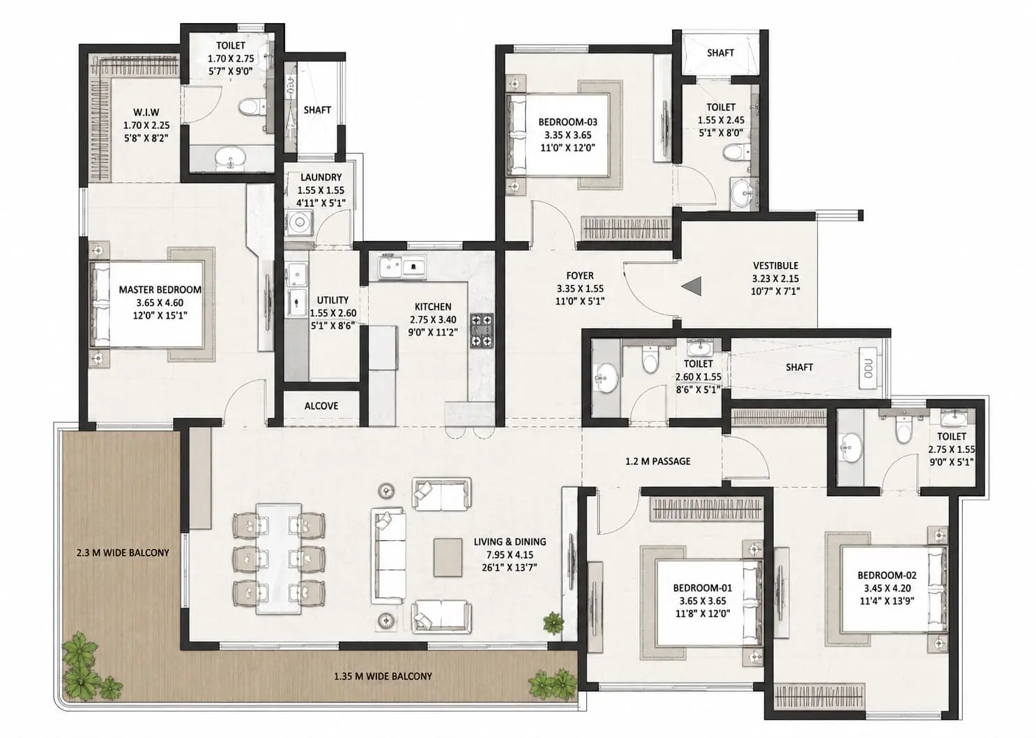 3 BHK apartment floor plan
