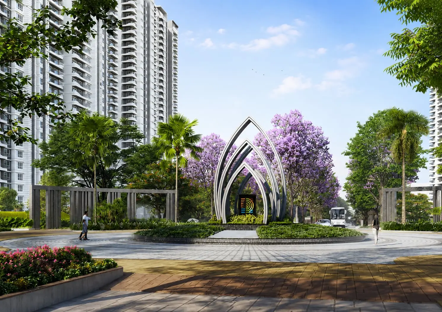 Evening view of the pool and residential amenities